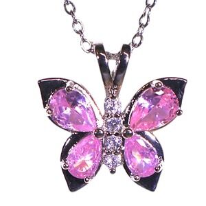 Swarovski Crystal Butterfly Pendant Necklace Silver Pink Stainless Steel NWT